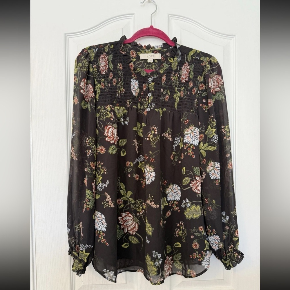 LOFT Black Multicolor Floral Blouse Long Sleeve XL